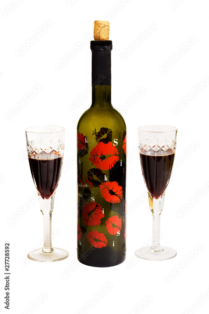 Red wine bottle and glass, isolated on white background