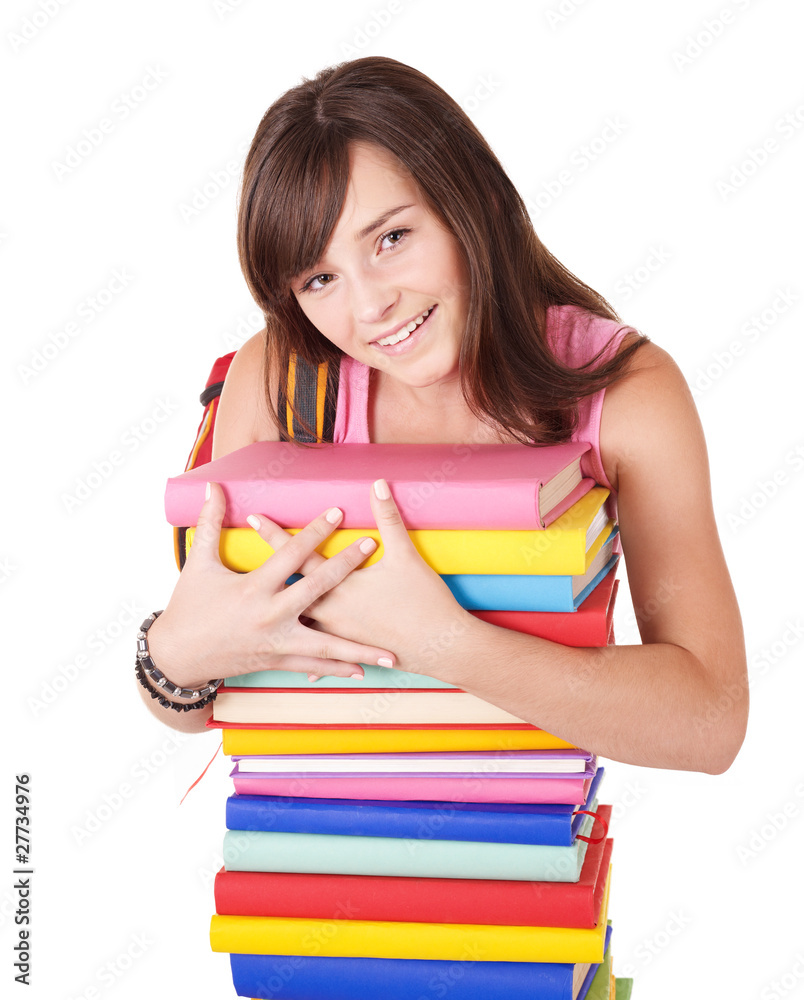 Girl with stack colored book. Isolated. Girl with stack colored book. Isolated.