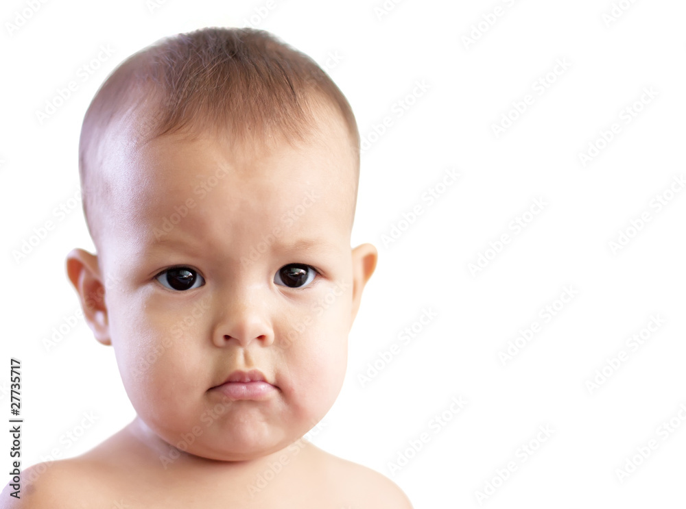 little girl looks forward to an isolated white background little girl looks forward to an isolated white background
