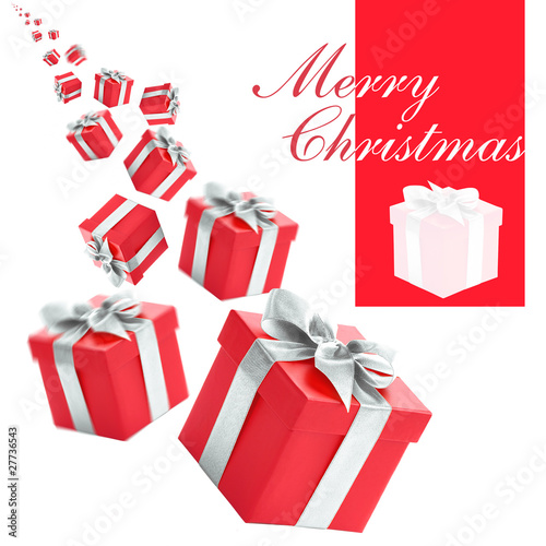 red gift boxes with silver ribbon on white background.