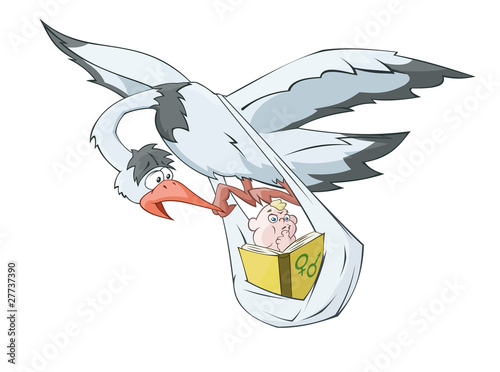 The stork is carrying the baby reading the book