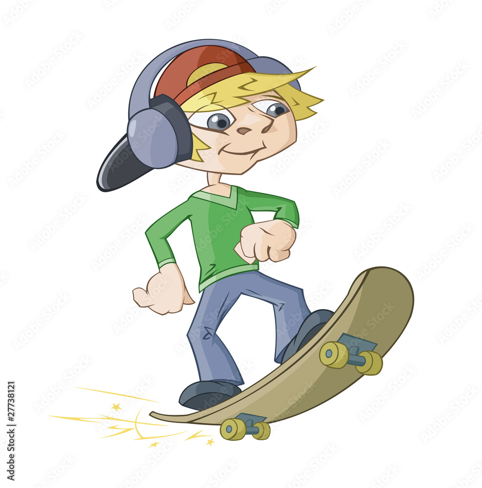 The boy is driving on a skateboard The boy is driving on a skateboard