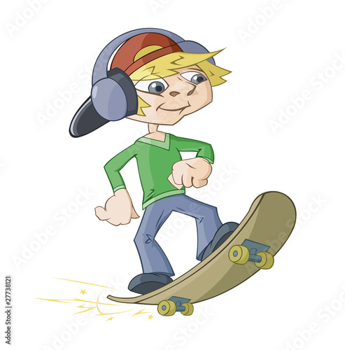 The boy is driving on a skateboard