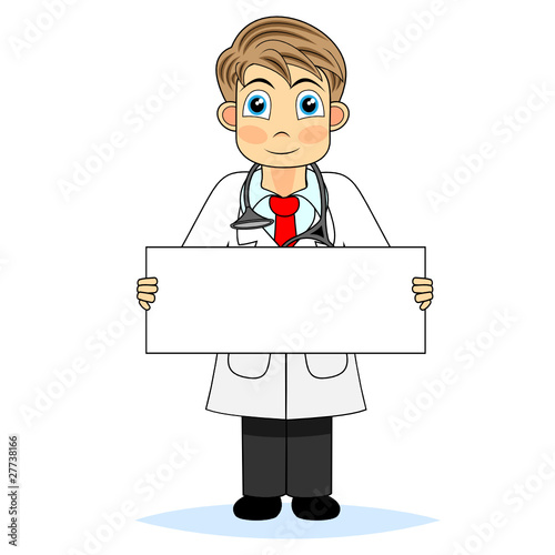 Cute boy doctor holding a blank sign