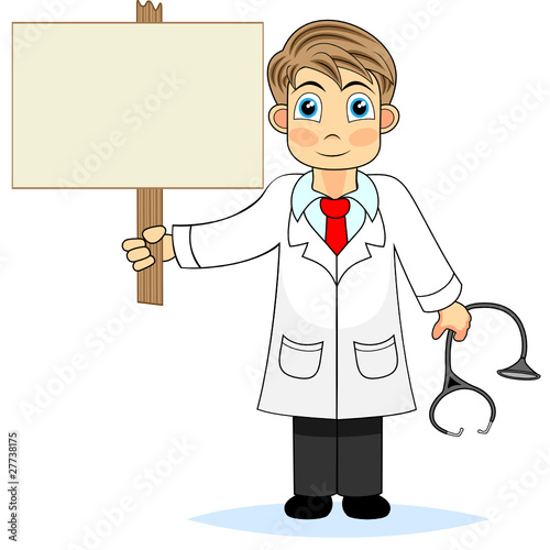 Cute boy doctor holding a blank wooden sign