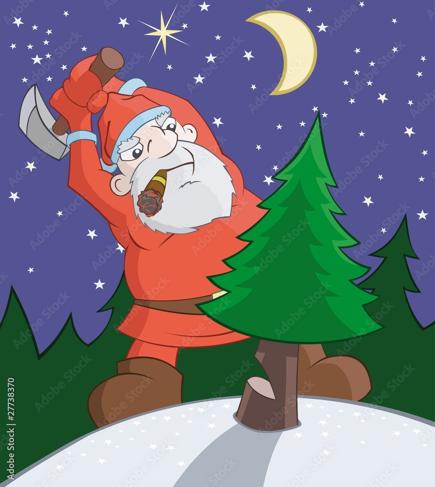 Bad Santa Claus is cutting of a fur-tree with axe Bad Santa Claus is cutting of a fur-tree with axe
