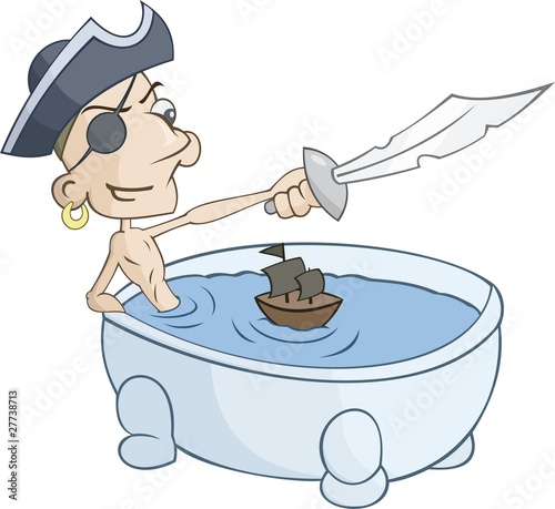 Pirate is playing with little ship in the tub