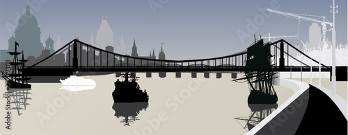 dark city with river and bridge