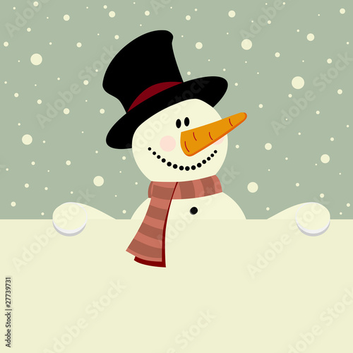vector xmas illustration of happy snowman holding blank paper