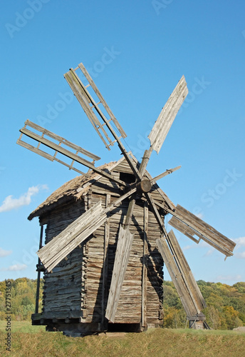 Antique ramshackle wooden windmill, Pirogovo, Kiev, Ukraine