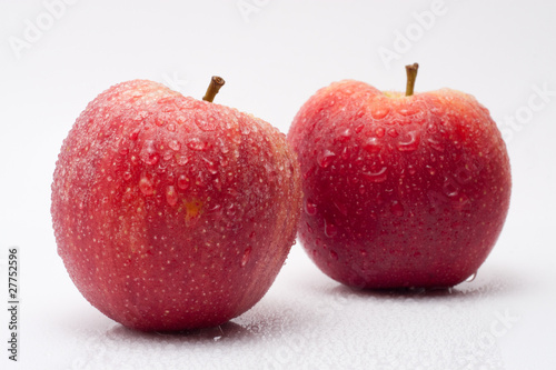 Zwei Äpfel mit Wassertropfen vor weissem Hintergrund