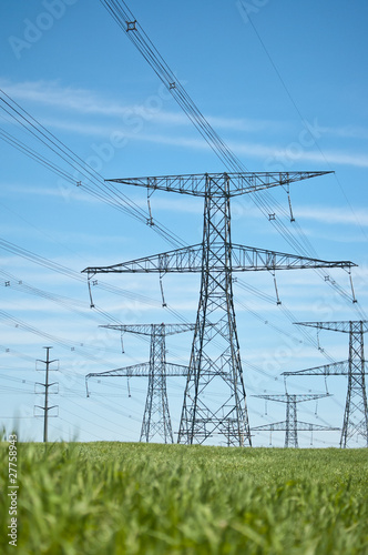 Power Lines with Blue Sky and Green Grass