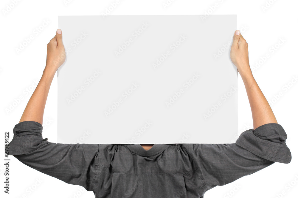 man holding blank white board ad his shoulder for advertisement