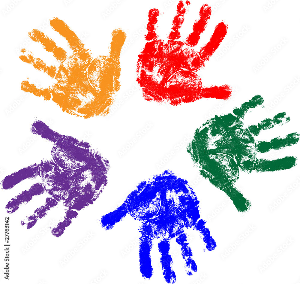 Vector image of the kid hands prints of the red, green, blue, yellow and violet color isolated on the white background.