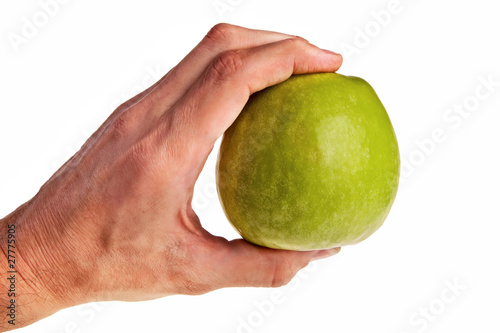 Green apple hold in male caucasian hand.
