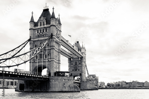 A black and white view of the famous Tower Bridge