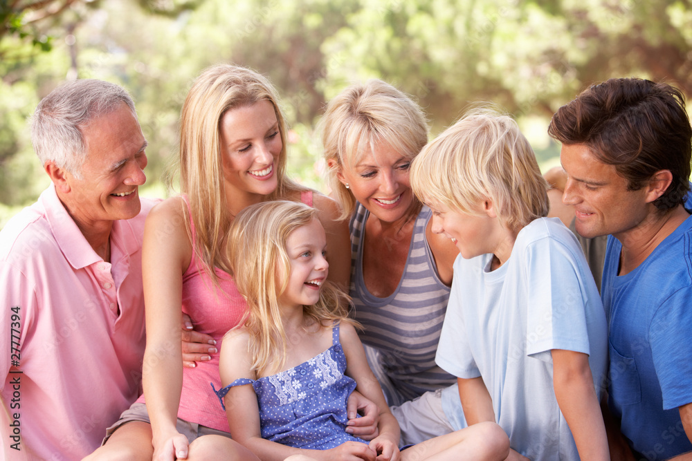 A family, with parents, children and grandparents, relaxing in a A family, with parents, children and grandparents, relaxing in a