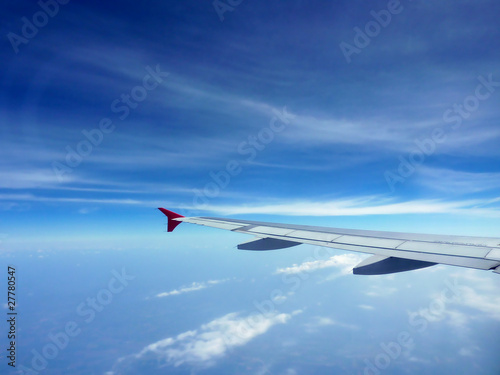 Wing of a plane flying in the sky