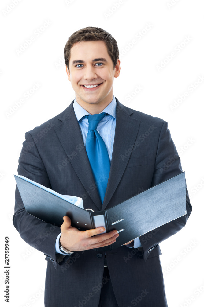 Portrait of happy smiling businessman with folder, isolated Portrait of happy smiling businessman with folder, isolated