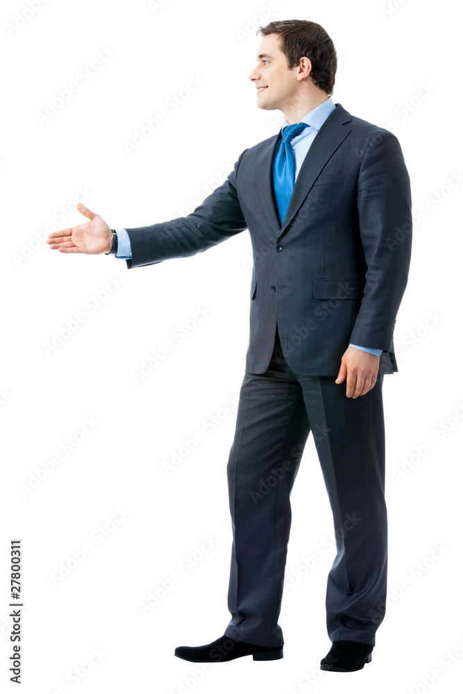 Full body of businessman giving hand for handshake, isolated Full body of businessman giving hand for handshake, isolated