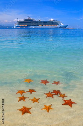 lots of starfish in the caribbean and a cruise ship