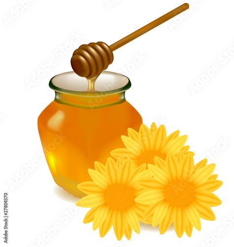 Honey with wood stick and flowers. Vector illustration.