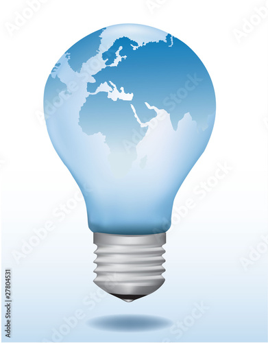 Light bulb with world map on it. Vector illustration.