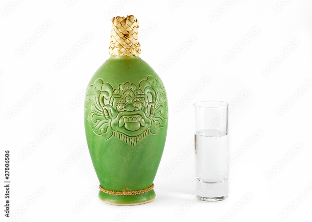 Balinese Ceramic bottle of vodka and a glass