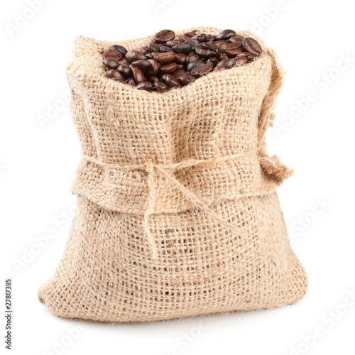Roasted coffee beans in a canvas sack