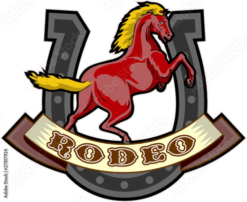 Horse with the word 'Rodeo' and a horseshoe as a logo