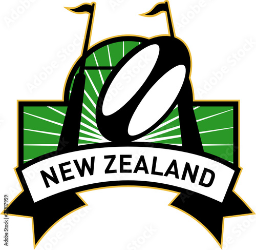 New Zealand with rugby posts and ball in a shield