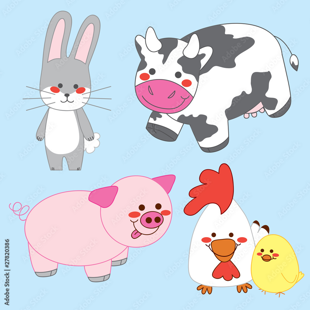 Happy Farm. Bunny, Cow, Pig, Chicken and Chick.