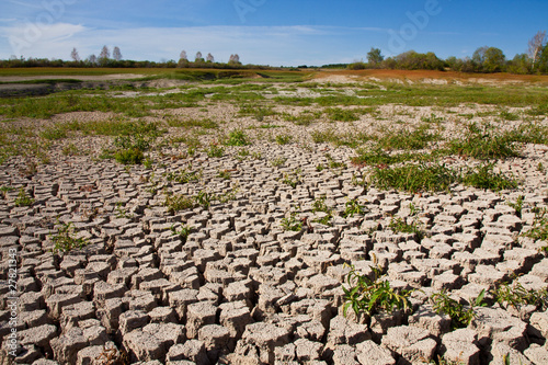 Dried and cracked soil under blue sky