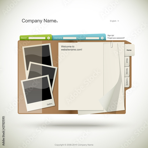 Website design template, folder with paper and photo cards