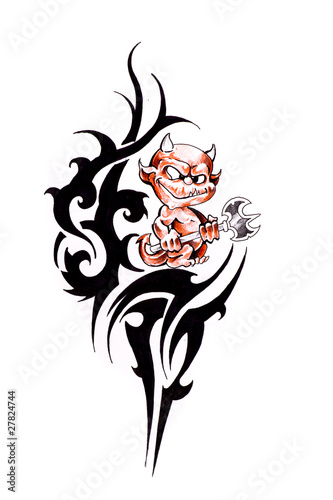 Tattoo art, sketch of a tribal and little devil photo