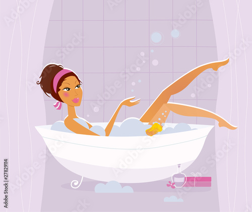 Relax time: sexy woman taking hot bubble bath in bathroom