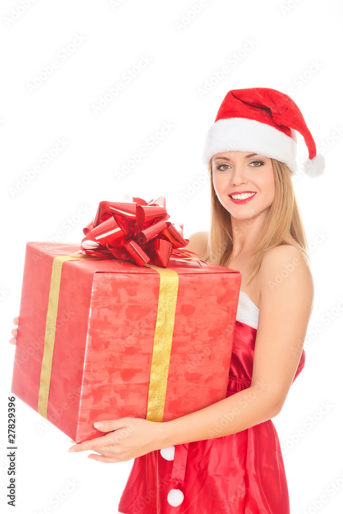 Cheerful Santa helper girl with big gift box Cheerful Santa helper girl with big gift box