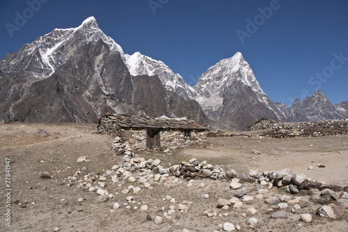 Mountain hut high in the Himalaya mountains of Nepal