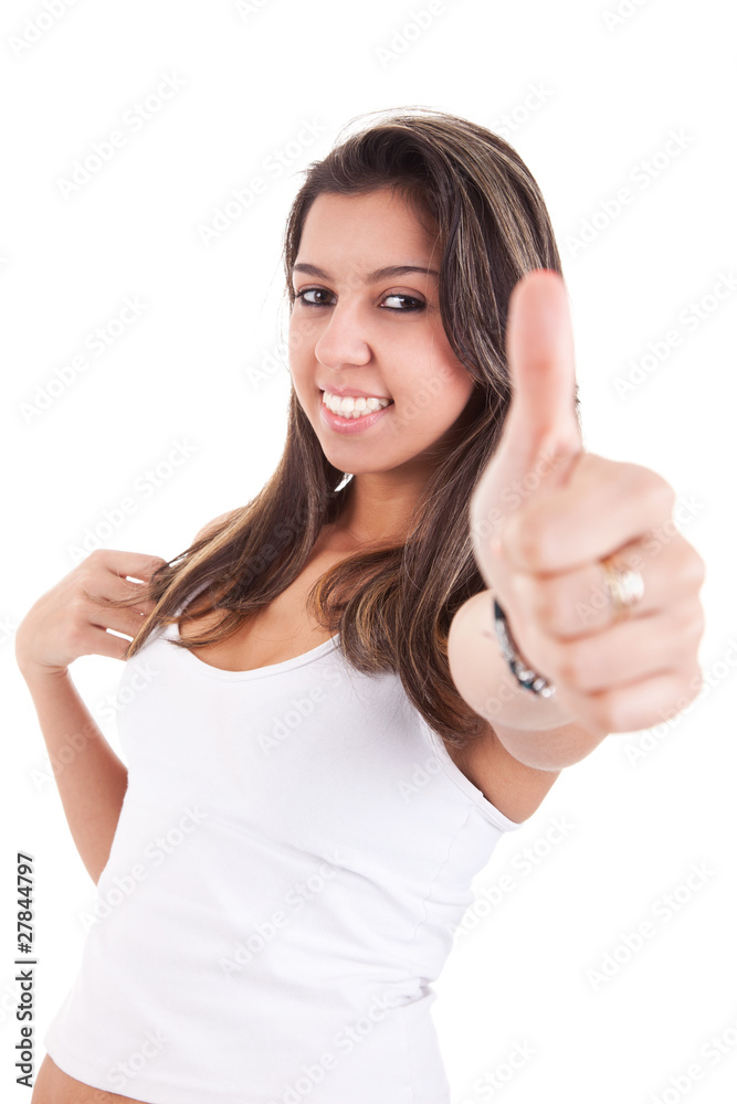 pretty girl with thumb raised as a sign of success pretty girl with thumb raised as a sign of success