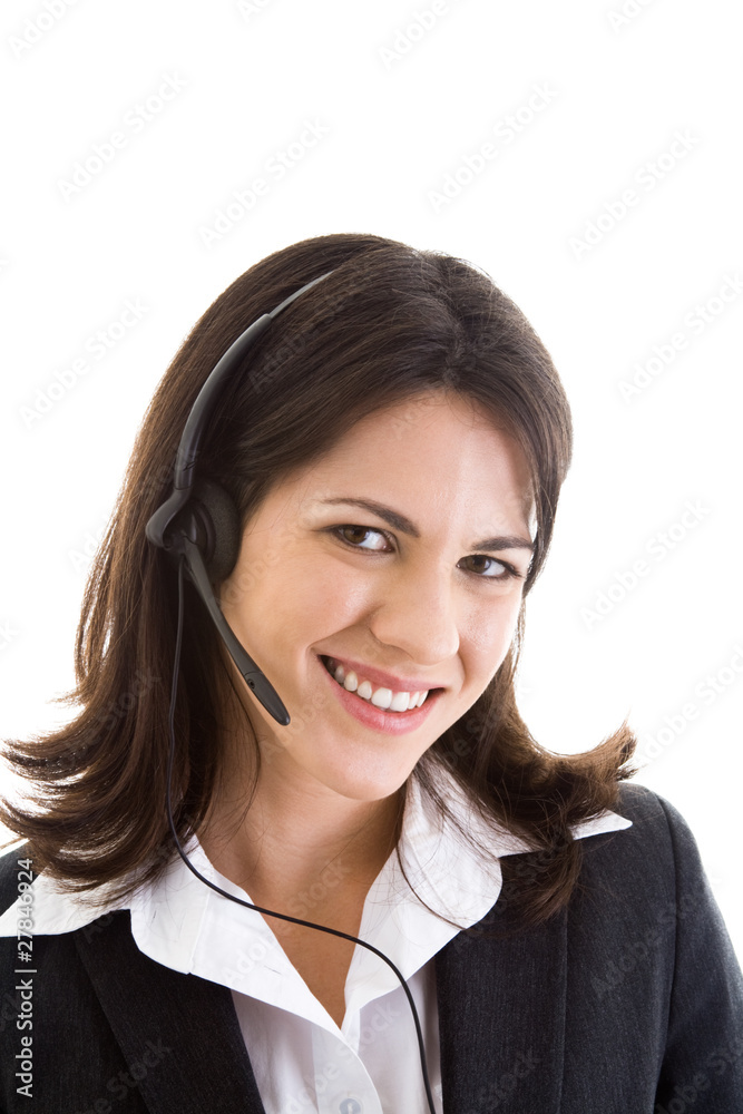 Happy Smiling Caucasian Woman Headset Isolated White Background Happy Smiling Caucasian Woman Headset Isolated White Background