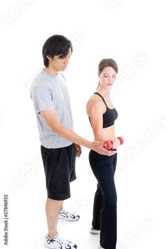 Asian Man Helping Caucasian Woman Work Out, Isolated Background