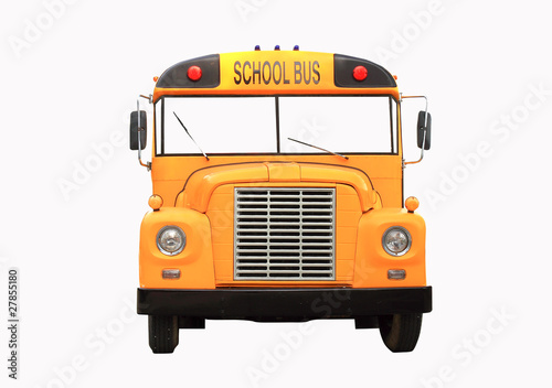 Yellow school bus isolated on white - front view .