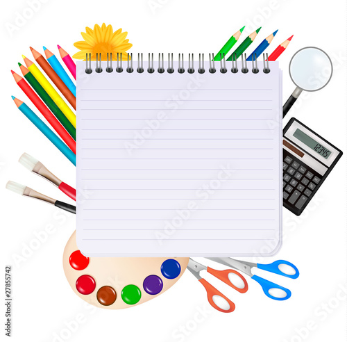 Spiral notepad with school supplies. Vector.