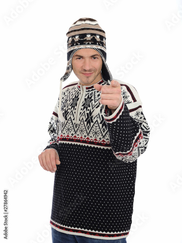 Funny winter man in warm hat and clothes smiling. isolated on wh photo