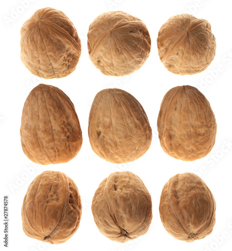 three walnuts in diferrent views, over white photo