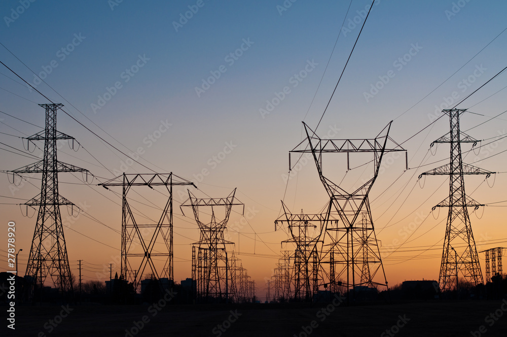 Electrical Transmission Towers (Electricity Pylons) at Sunset