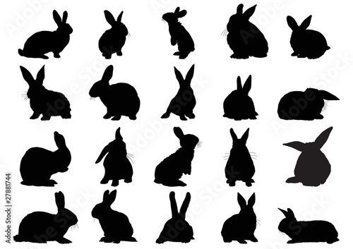 Set of black silhouettes of rabbits isolated on white