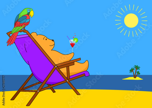 Teddy bear in a chaise lounge on a beach