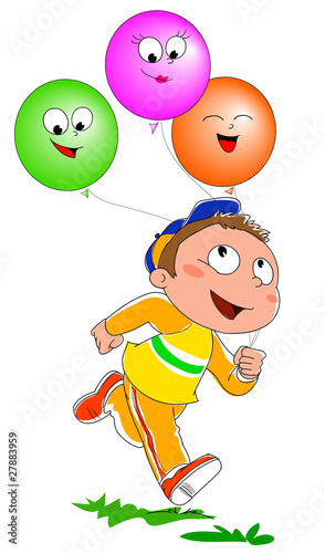 Bambino che corre con palloncini sorridenti