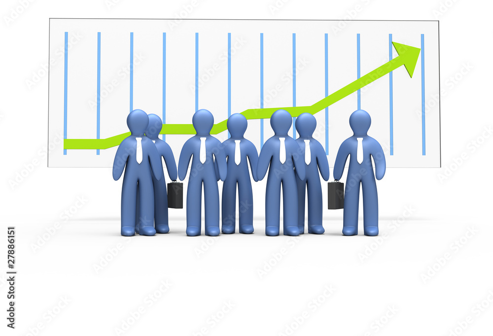 Business team before positively huge green graph Business team before positively huge green graph